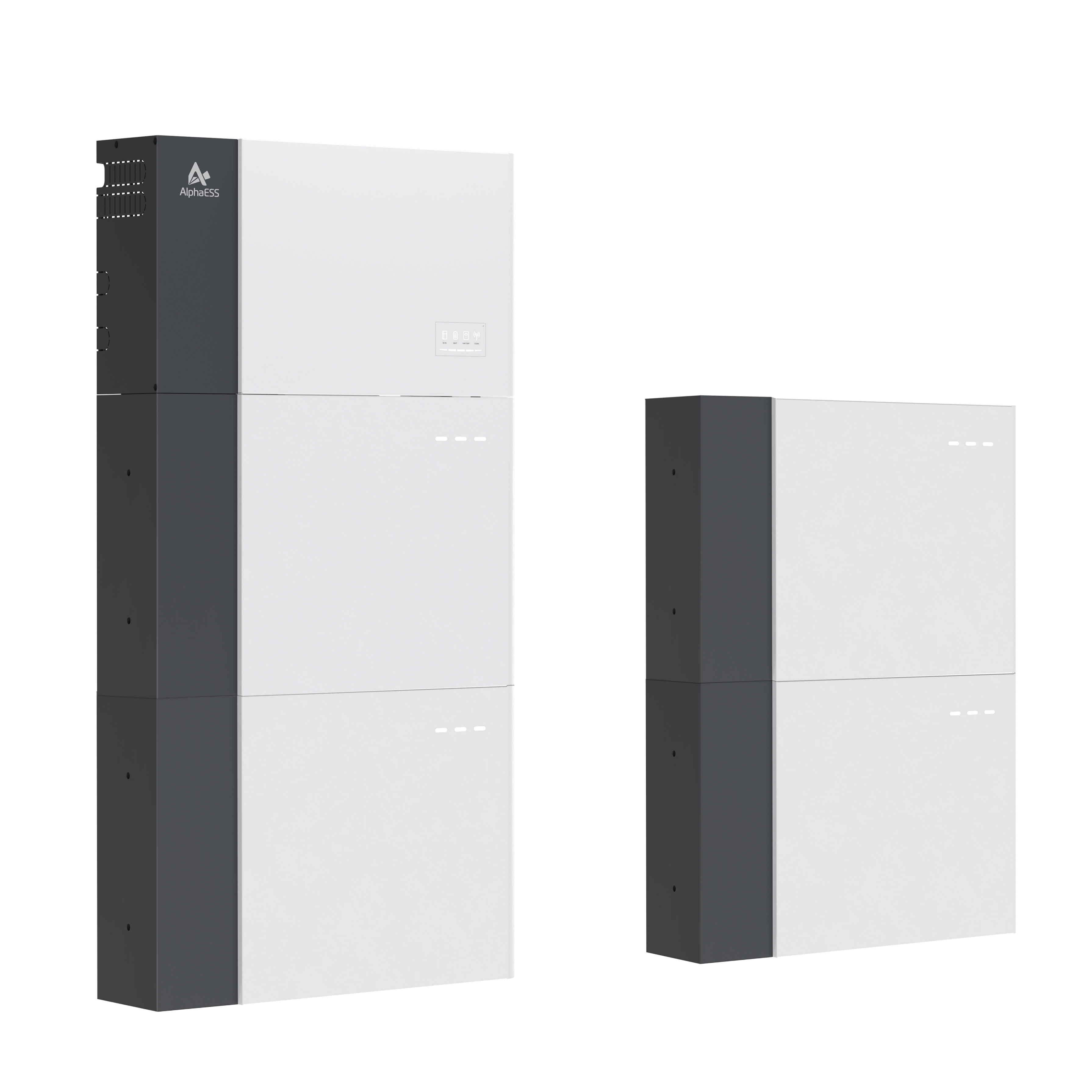 Twee energieopslag systemen van verschillende afmetingen, ontworpen voor het opslaan van energie.